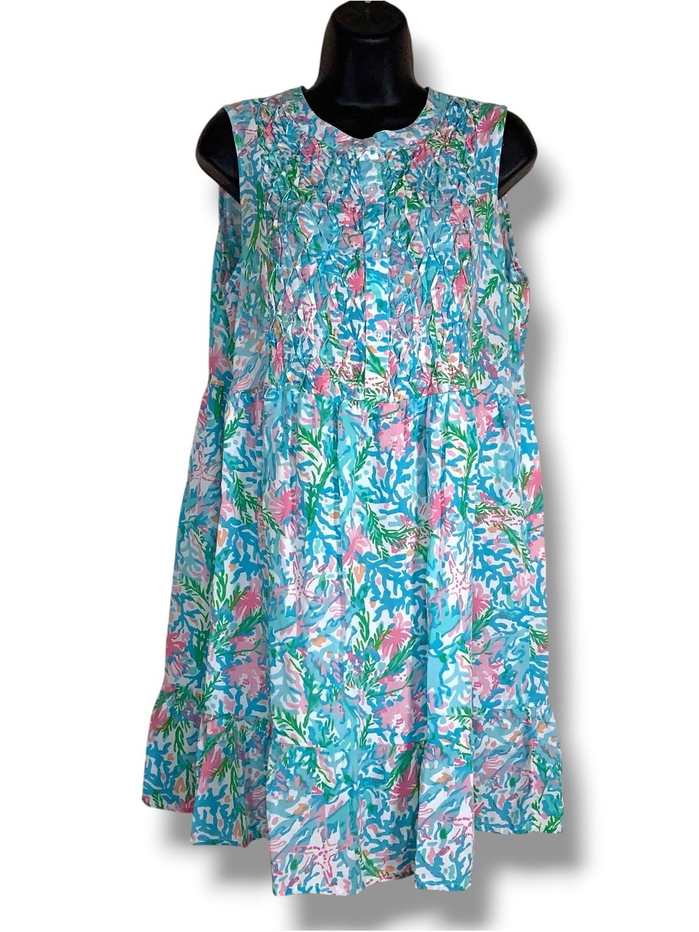 Large Linda Anderson Dress Tunic Teal Blue Pink Floral Print Sleeveless Tropical